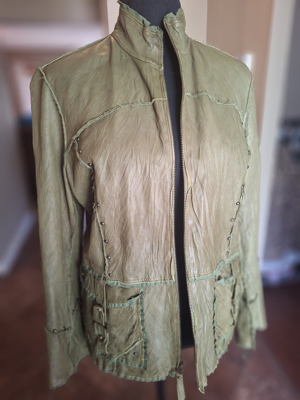 PashaVeneto Women’s Olive Green Leather Moto Jacket Sz Small